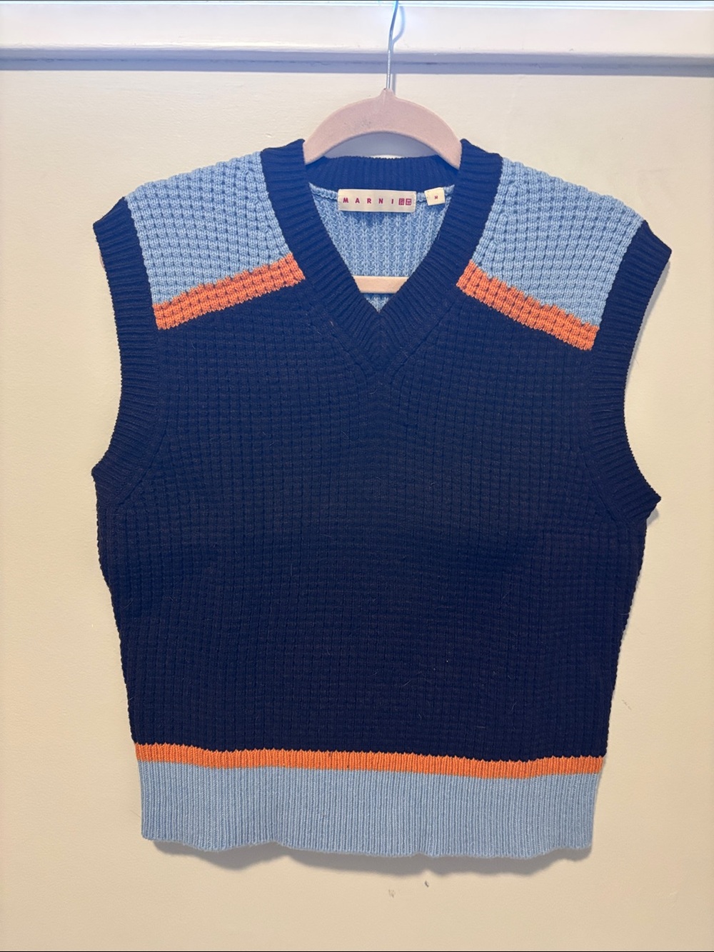 Marni x UNIQLO Brown Knit V-Neck Sweater Vest with Blue & Orange Trim